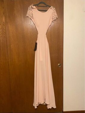 bebe Blush Pink Lace Sleeve Chiffon Maxi Dress